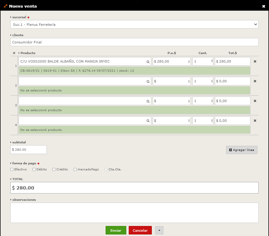 Formulario de ventas